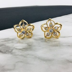 Gold Peony Rhinestone Clip-on Earrings